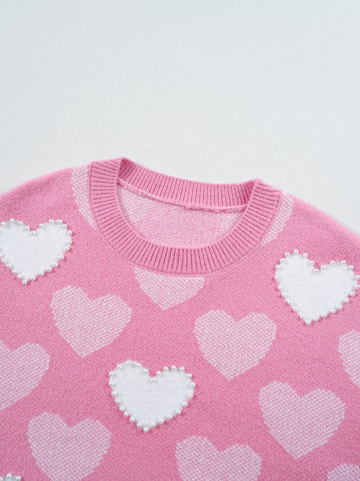 Pearled Heart Print Valentines Crew Neck Sweater