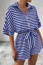 Striped Collared Neck Tie Waist Romper