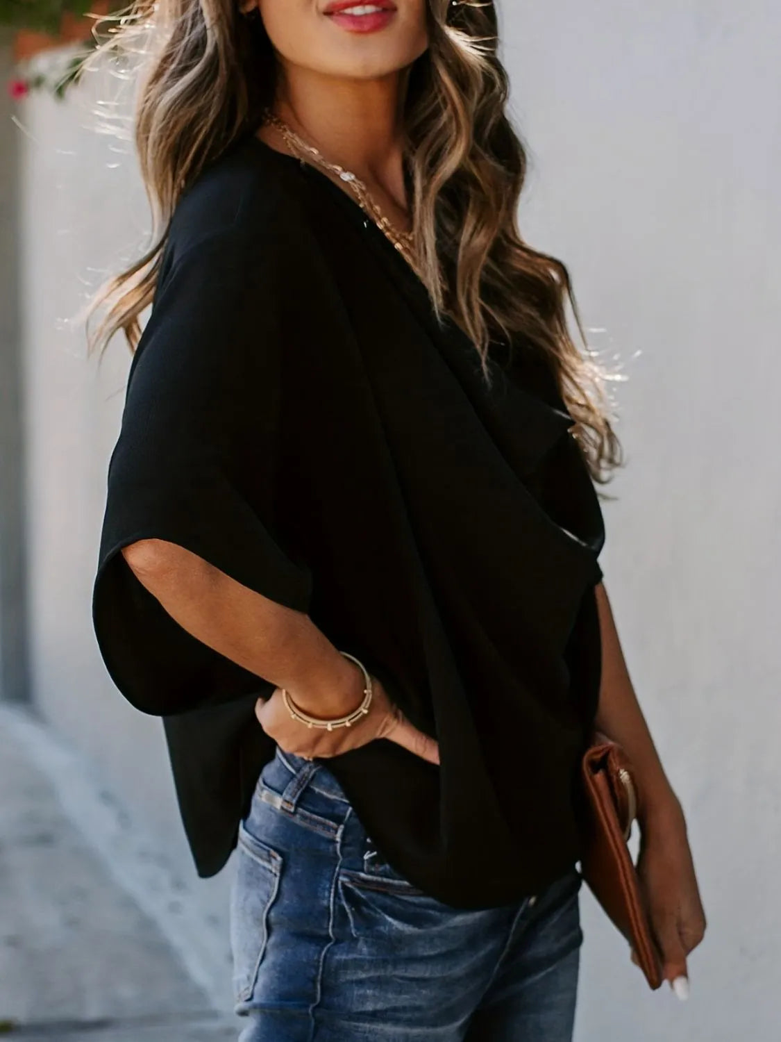 Full Size Ruched Three-Quarter Sleeve Blouse Plus Size