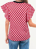 Checkered Print Ruffle Cap Sleeve Contrast Trim Round Neck Top