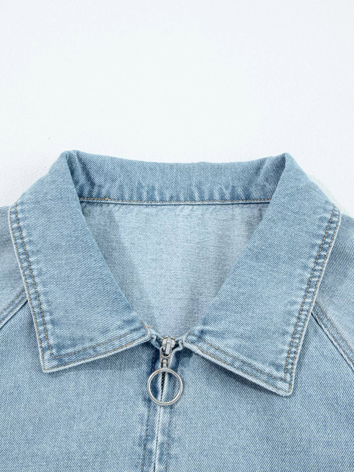 Elastic Edge Collared Zip Up Denim Jacket With Pocket