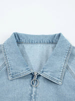 Elastic Edge Collared Zip Up Denim Jacket With Pocket