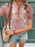 Embroidered Frill Notched Short Sleeve Blouse