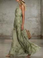 Leaf Print Sleeveless Chiffon Maxi Dress