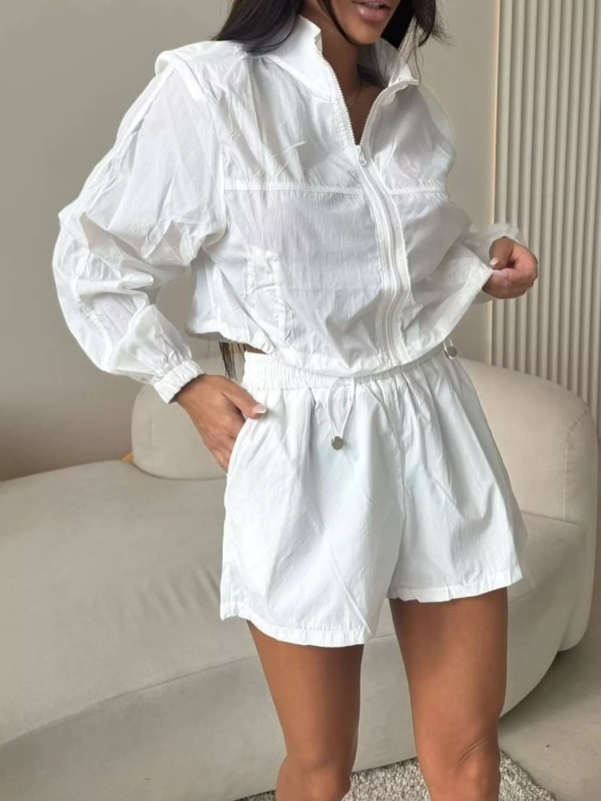 Zip-Up Crop Jacket and High-Waisted Shorts Set