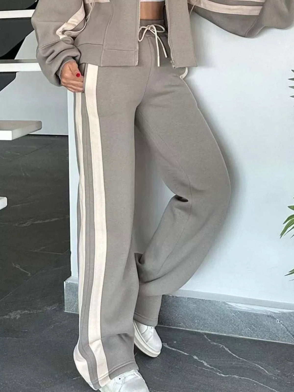 Full Size Striped Zip Up Outerwear and Pants Set Plus Size