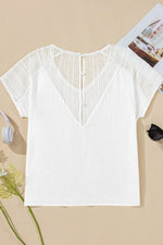 Lace Crochet Textured Button Back V Neck T Shirt