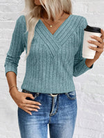 Ribbed V-Neck Long Sleeve Knit T-Shirt