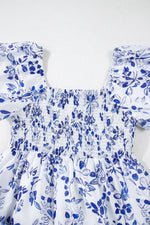 Smocked Printed Square Neck Puff Sleeve Dress