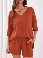 Casual Solid Color V-Neck Top & Shorts Set