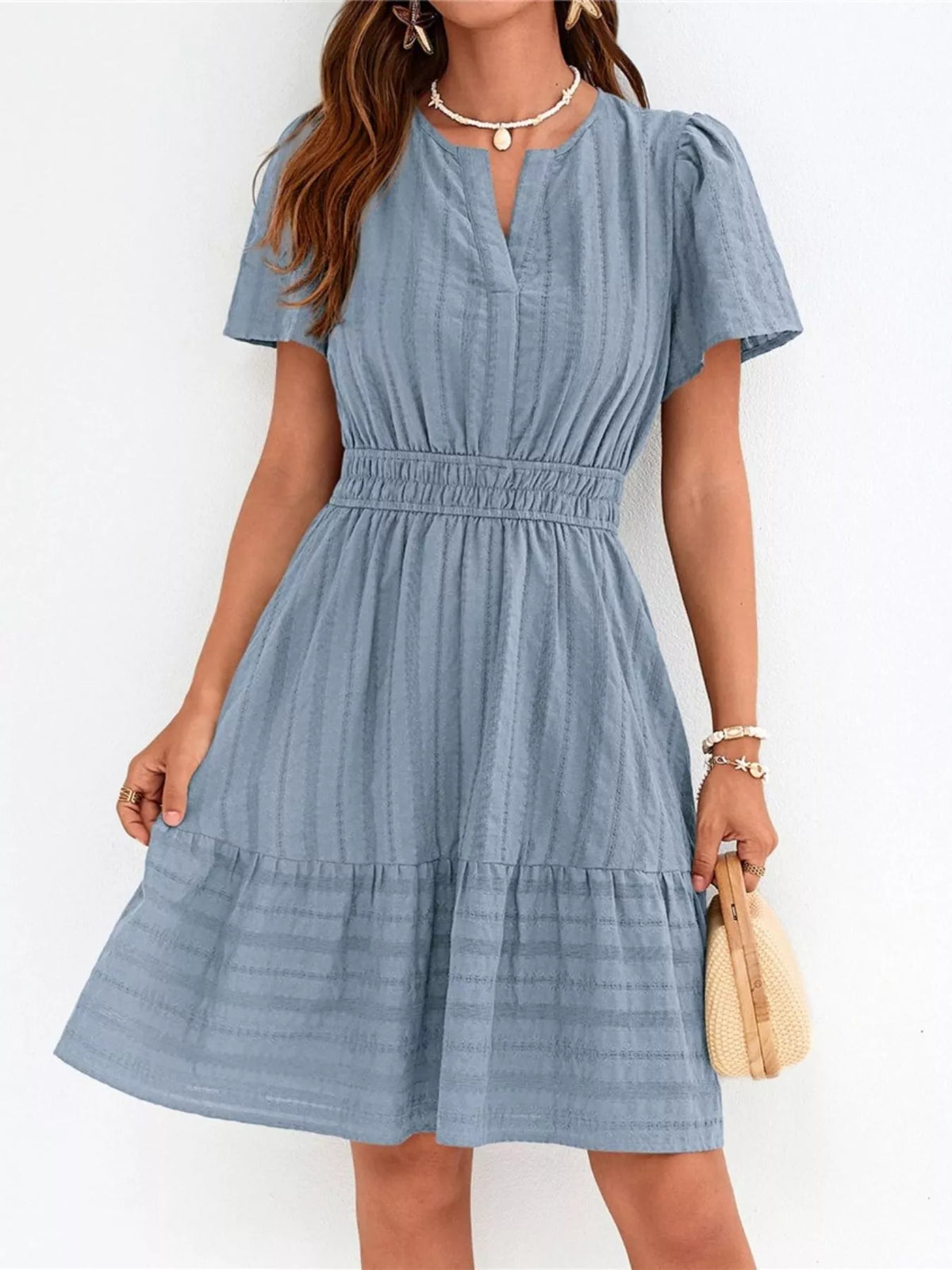 Short Sleeve Smocked Waist Tiered Dress