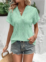 Openwork Notched Short Sleeve Blouse
