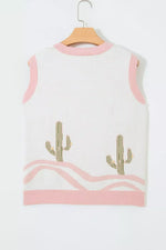 Color Block Trim Button Front Cactus Pattern Western Sweater Vest