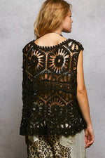POL Openwork Round Neck Floral Crochet Tank