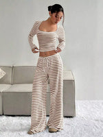 Striped Long Sleeve Crop Top and Wide Leg Pants Set