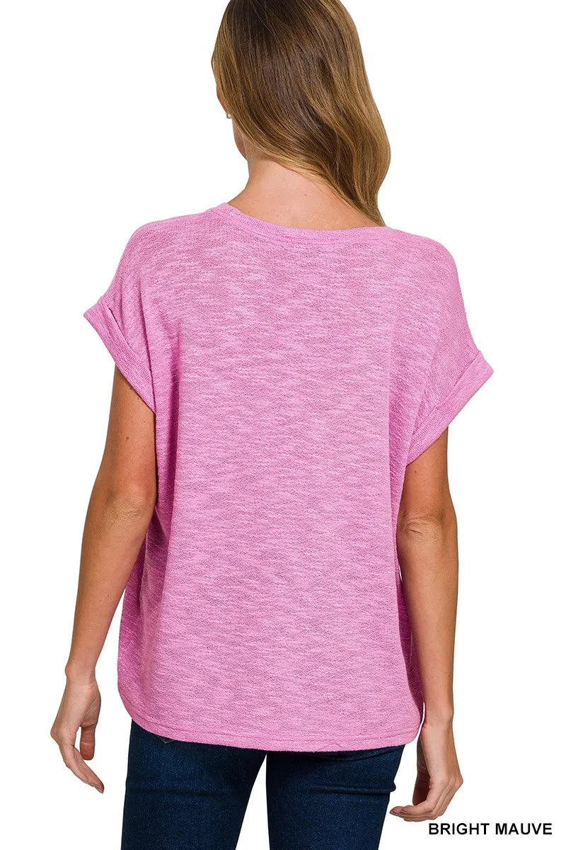 Zenana Hacci Slub Rolled Up Sleeve Tee