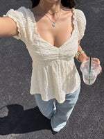 Textured Sweetheart Neck Puff Sleeve T-Shirt