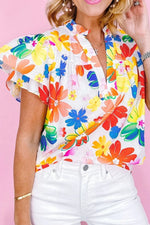 Ruffled Printed Notched Cap Sleeve Blouse