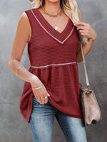 V-Neck Waffle Knit Tank Top with Contrast Stitching