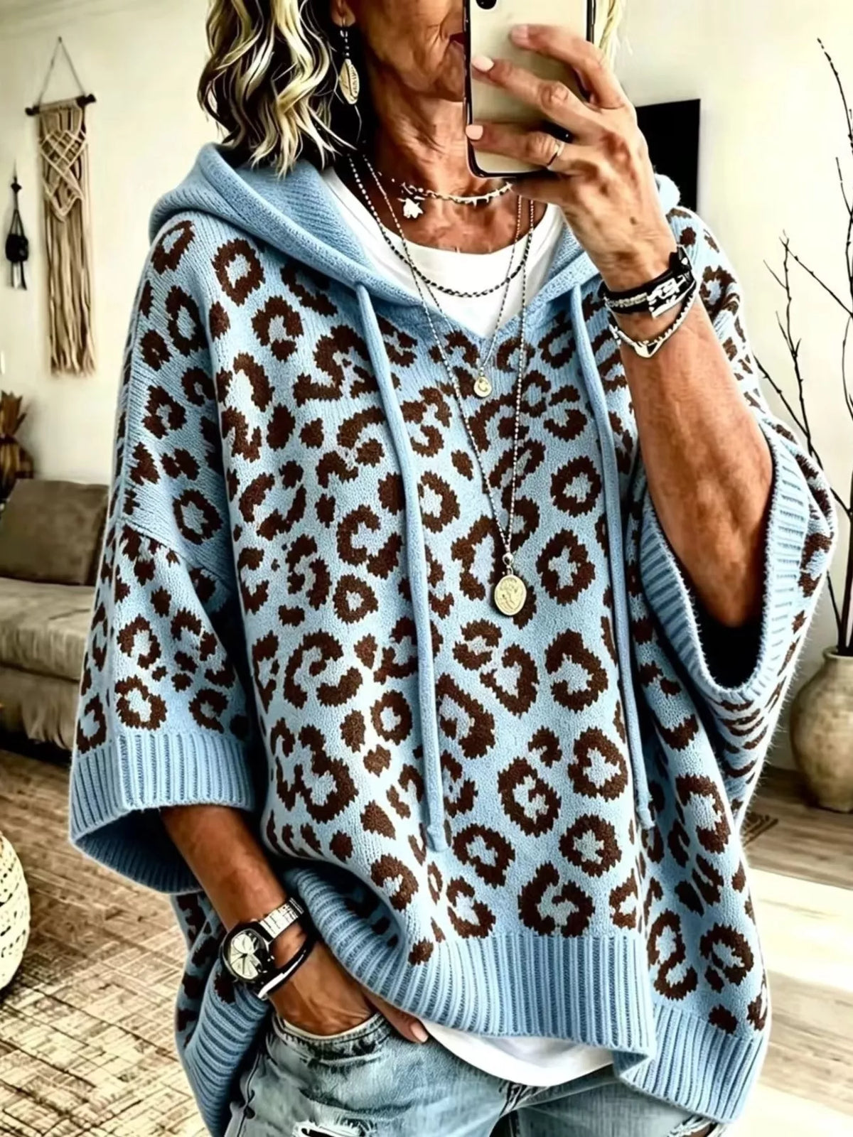 Drawstring Leopard Hooded Sweater