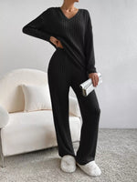 Ribbed Knit V-Neck Top and Pants Set