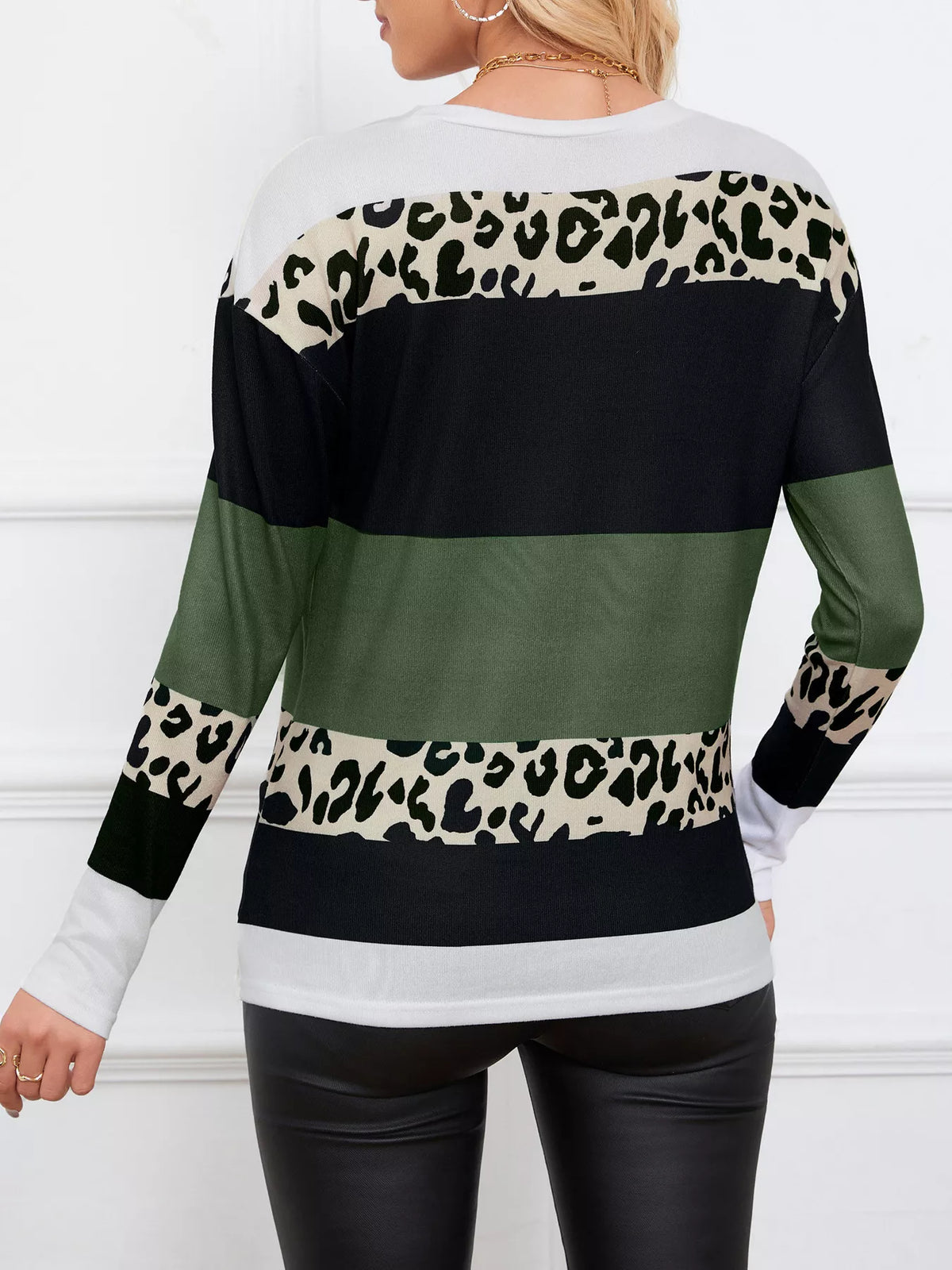 Leopard Color Block Striped Knit Top
