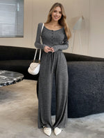Casual Knit Long Sleeve Top and Wide Leg Pants Set