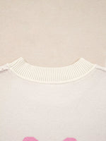 Bow Print Ribbed Trim Exposed Seam Drop Shoulder Loose Sweater