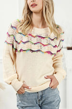 Openwork Wavy Striped Round Neck Sweater