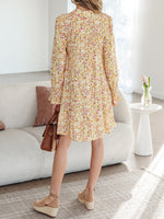 Floral Print Frilly Trim Smocked Cuff Long Sleeve Loose Shirt Dress