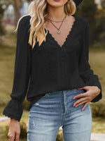 Lace Trim V-Neck Blouse with Flounce Sleeves