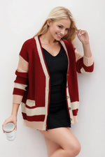 Pocketed Contrast V-Neck Long Sleeve Cardigan