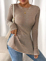 Slit Striped Long Sleeve Casual T-Shirt