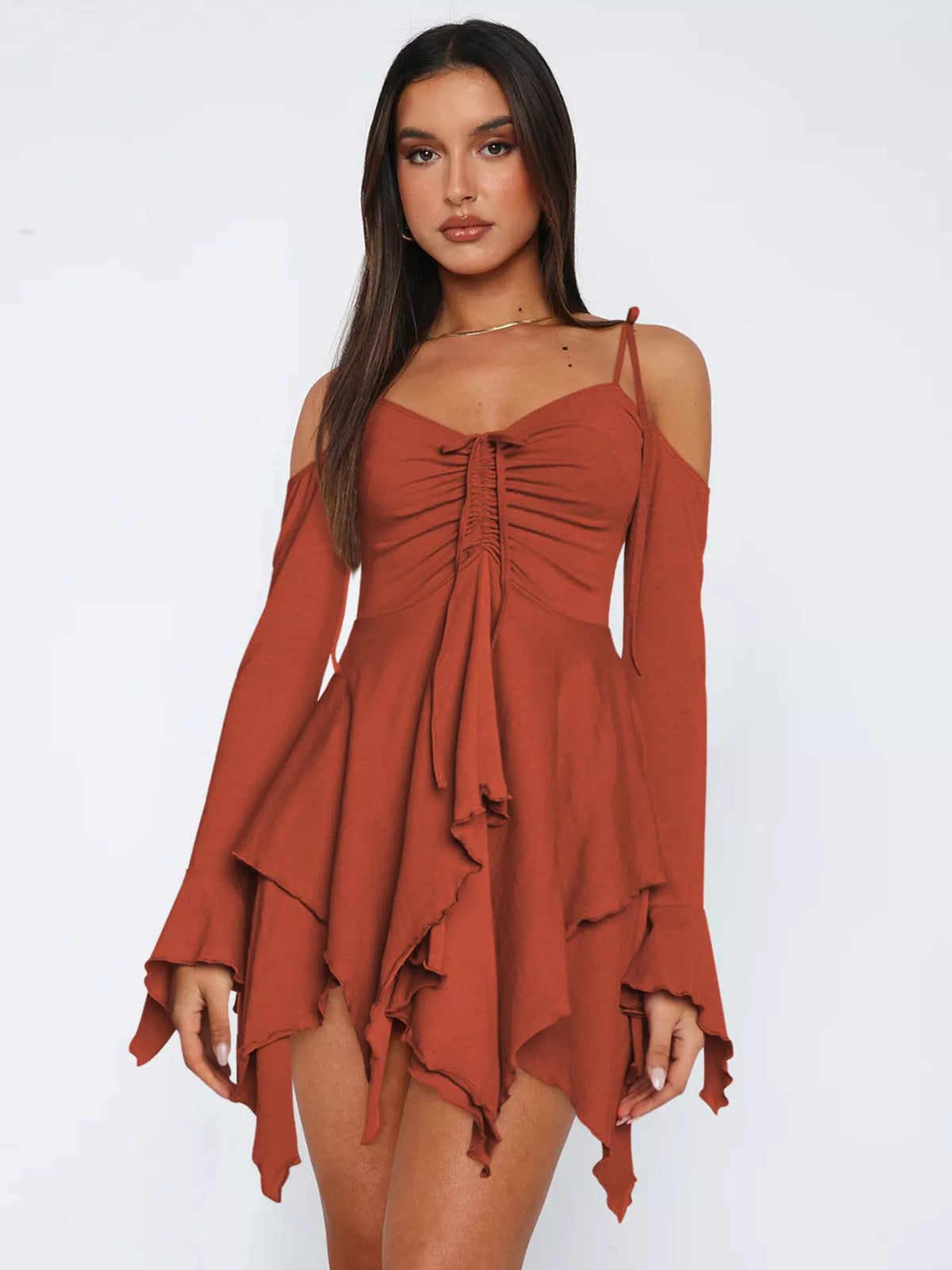 Full Size Ruffle Hem Tie Shoulder Mini Dress Plus Size