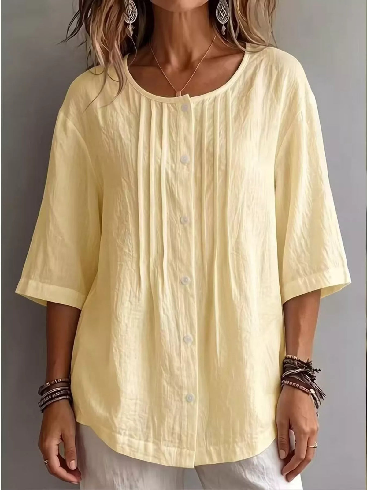 Full Size Texture Round Neck 3/4 Sleeve Blouse Plus Size