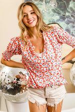 BiBi Floral Jqd Smoked Puff Sleeves V Neck Top