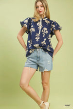 Umgee Floral Ruffle Sleeve Split-Neck Top