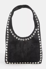 Fame Grommet Border Studded Suede Shoulder Bag