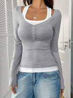 Scoop Neck Long Sleeve Fake Two-Piece T-Shirt