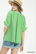 Umgee Textured Split Neck Puff Sleeve Top