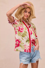 BiBi Floral Printed Woven Contrast Edge Ruffled Blouse