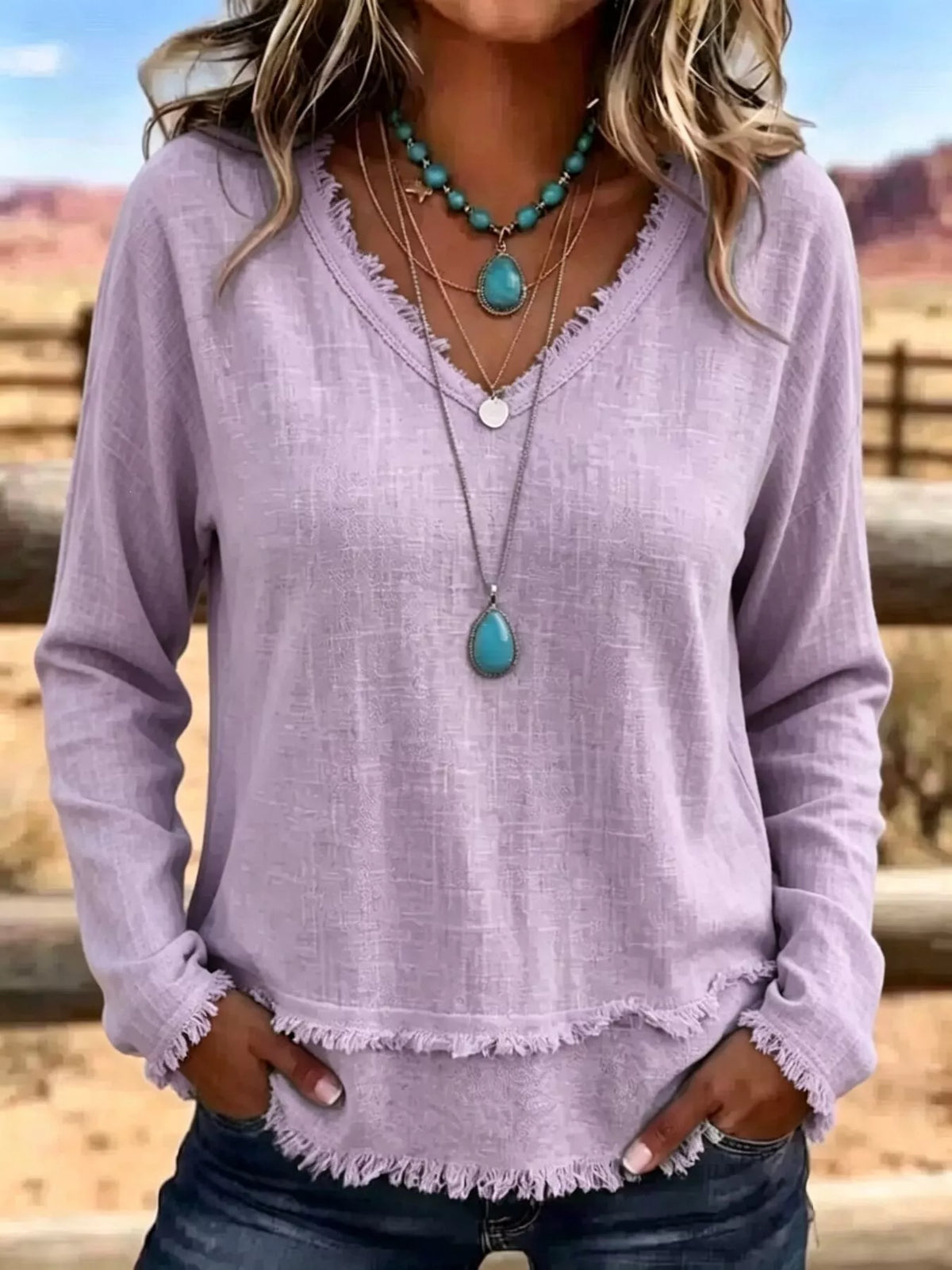V-Neck Long Sleeve Blouse with Frayed Hem Detail