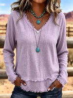 V-Neck Long Sleeve Blouse with Frayed Hem Detail