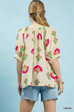 Umgee Abstract Print Blouse with Ruched Detail