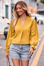 Swiss Dot Notched Neck Flounce Sleeve Blouse