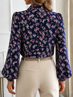 Printed Bow-Tie Neck Long Sleeve Blouse