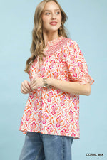 Umgee Mix Boho Puff Sleeve Smocked Top