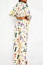 Bow Print Top and Wide Leg Pants Lounge Set