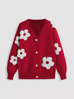 Button Down Floral Applique Knit Cardigan
