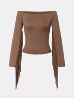 Off-Shoulder Fringe Sleeve T-Shirt